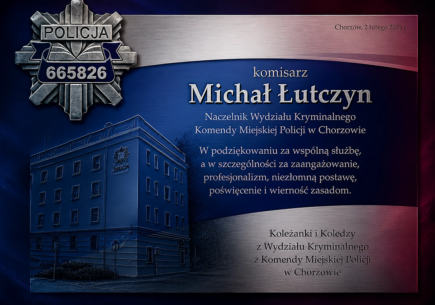 Pamiątkowa tablica związana ze służbą Michała Łutczyna w Policji